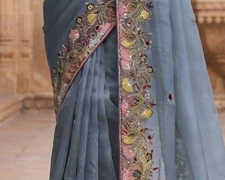Slate Grey Floral Embroidered Organza Saree detail 6