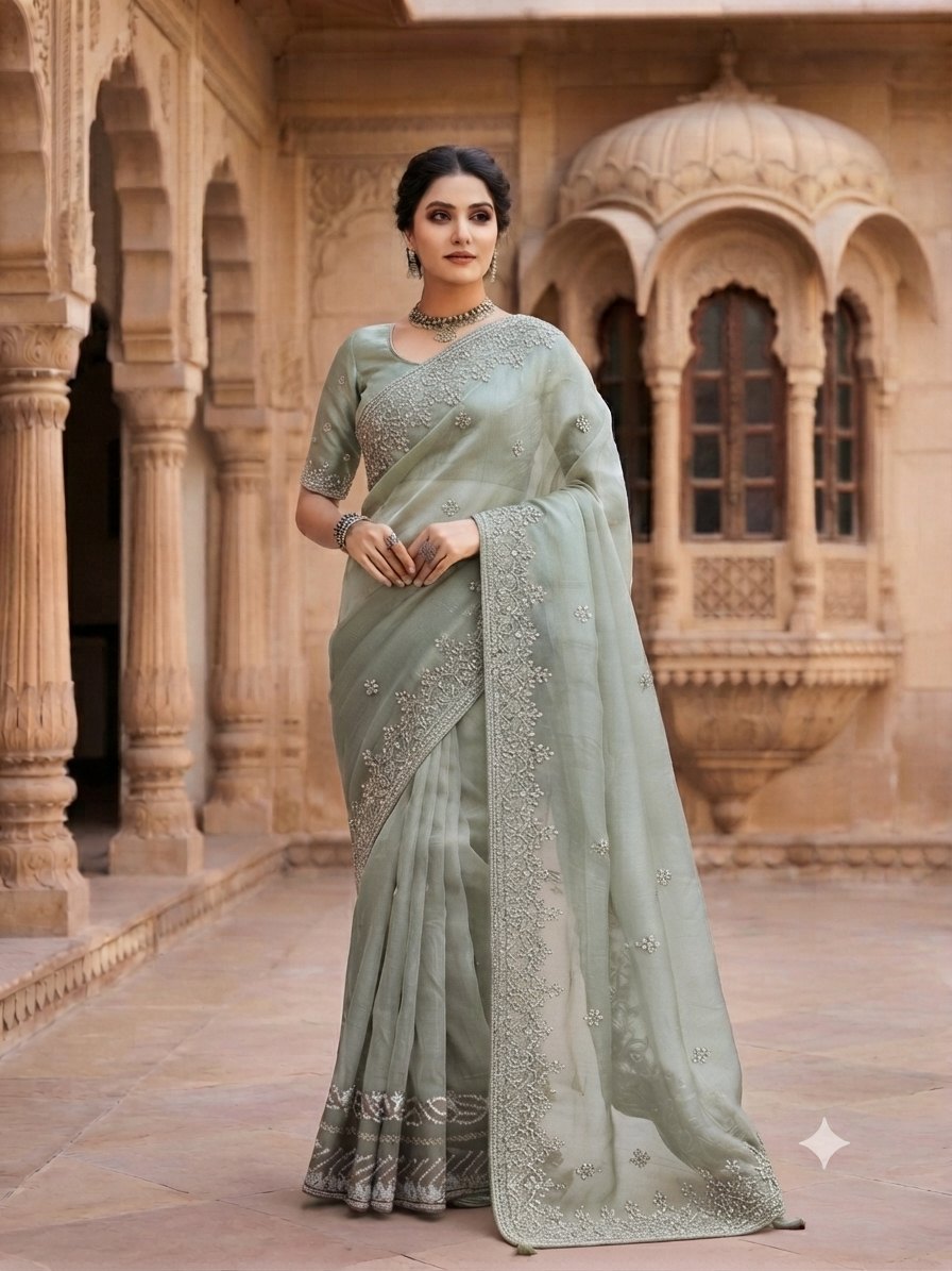 Pista Green Zari Embroidered Organza Saree
