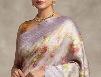 Grey and Multicolour & Floral Print banarasi saree detail 4