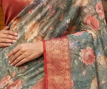 Elegant sage green Dola silk printed saree detail 2