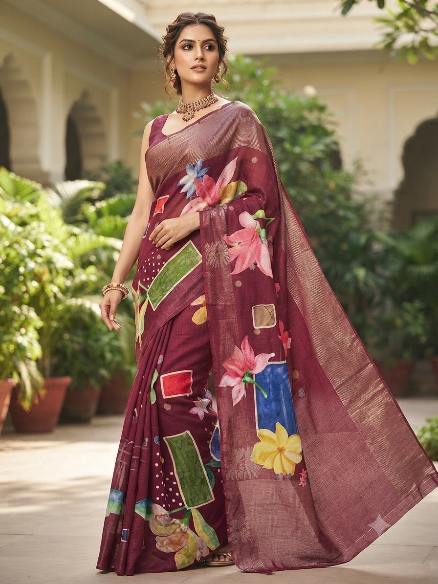Deep maroon or wine-colored Dola silk printed saree
