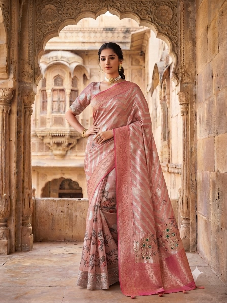 Pink Tissue Bandhani Handwork Saree