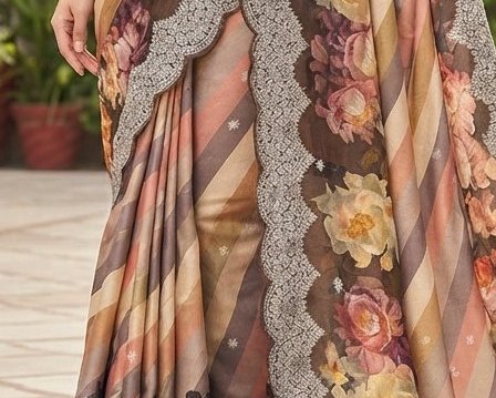Multi-color Striped & Floral dola silk printed saree detail 6