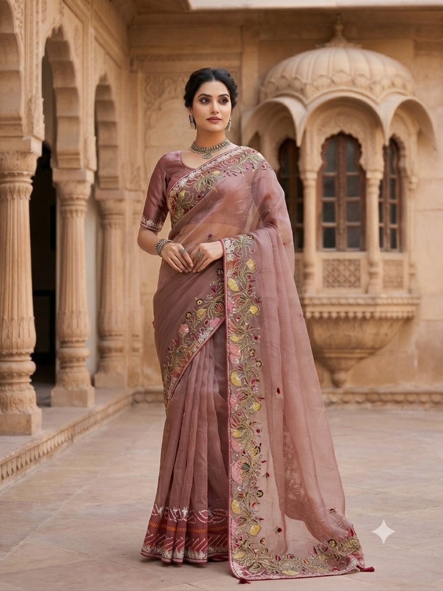 Dusty Mauve Floral Embroidered Organza Saree