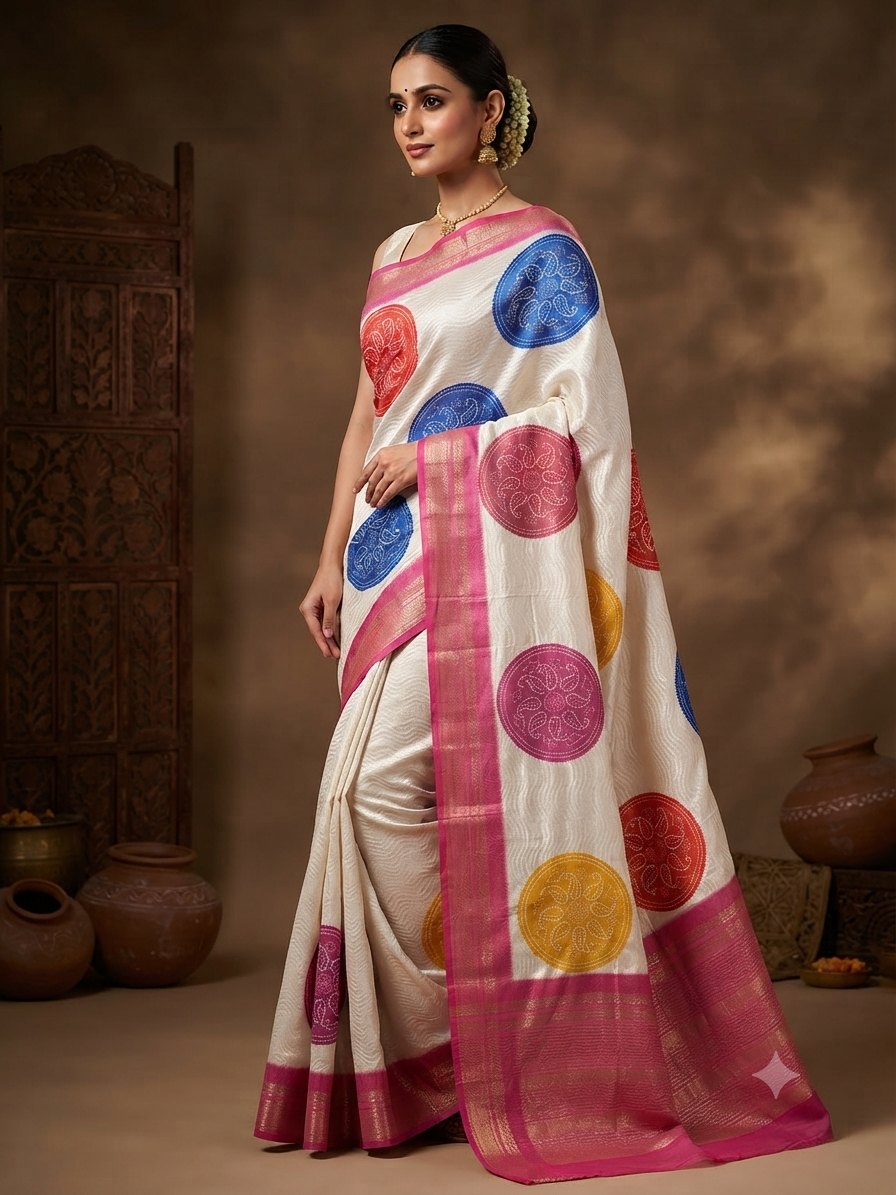 Ivory Mandala Print Saree