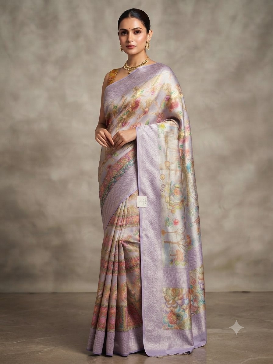 Grey and Multicolour & Floral Print banarasi saree