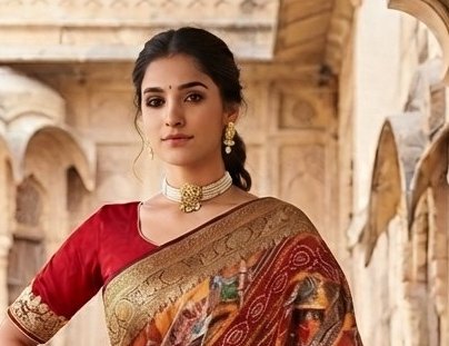 Red aari Tori Work Saree detail 4