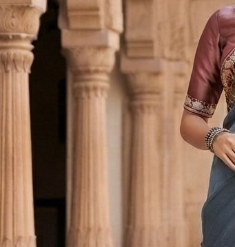 Slate Grey Floral Embroidered Organza Saree detail 5