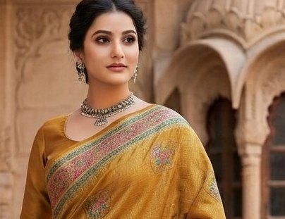 Bright Yellow Banarasi / Georgette Saree) detail 4