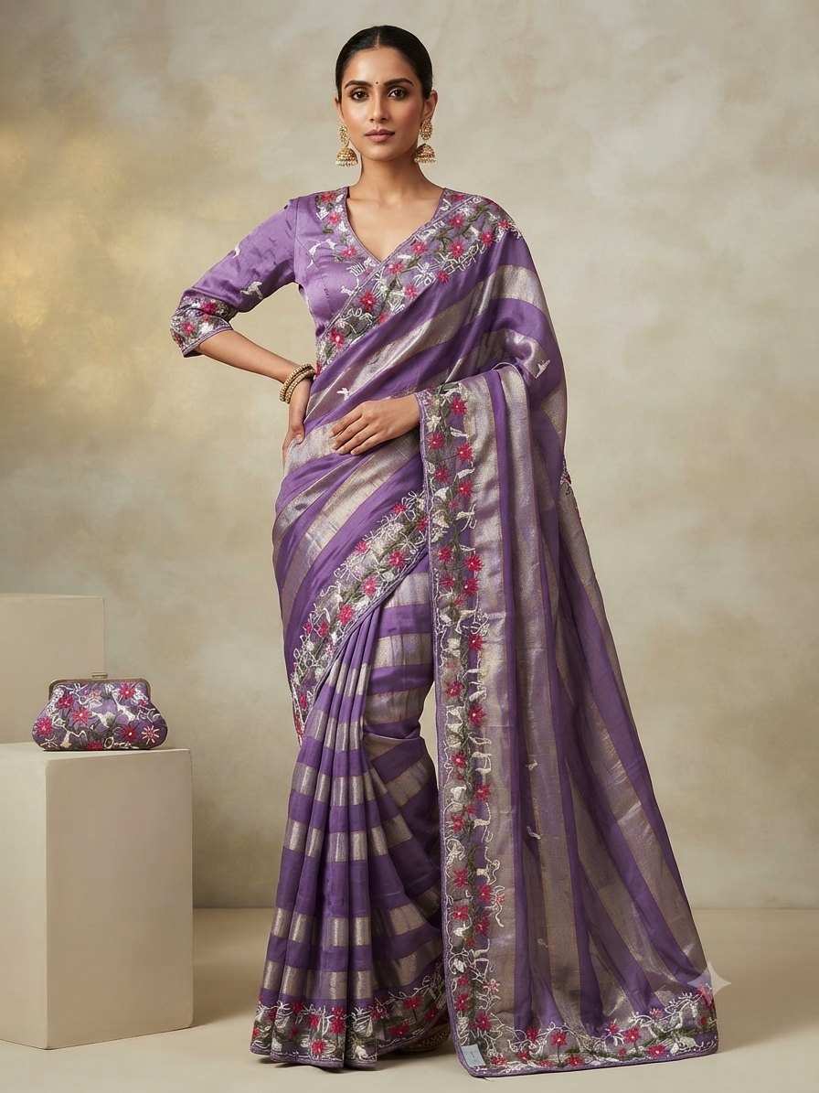 Purple Silver Floral boutique Saree