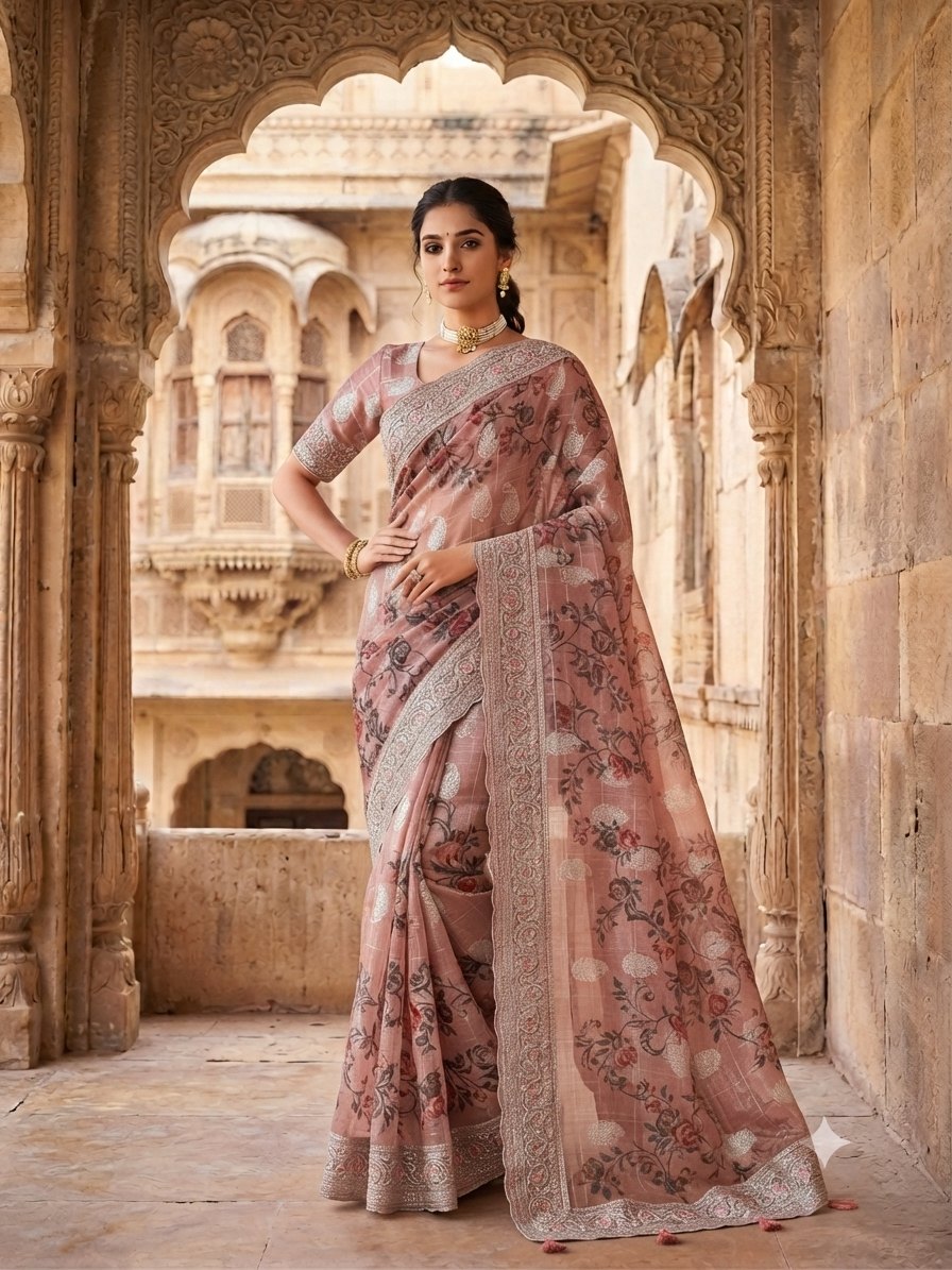 Rose Pink Floral Tissue Handwork Saree