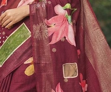 Deep maroon or wine-colored Dola silk printed saree detail 2