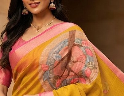 Mustard yellow Dola silk printed saree detail 5