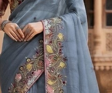 Slate Grey Floral Embroidered Organza Saree detail 2