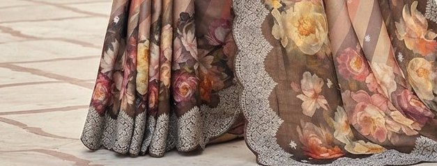 Multi-color Striped & Floral dola silk printed saree detail 3