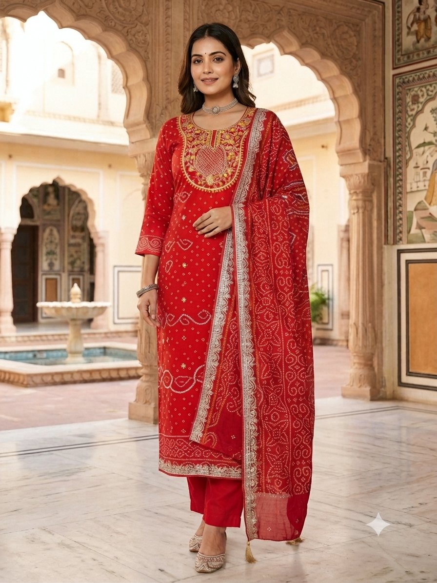 Traditional Red Gaji Silk Ghatchola Suit Set