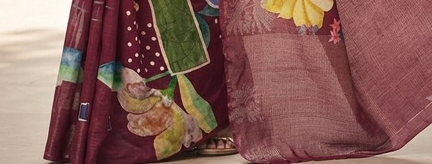 Deep maroon or wine-colored Dola silk printed saree detail 3