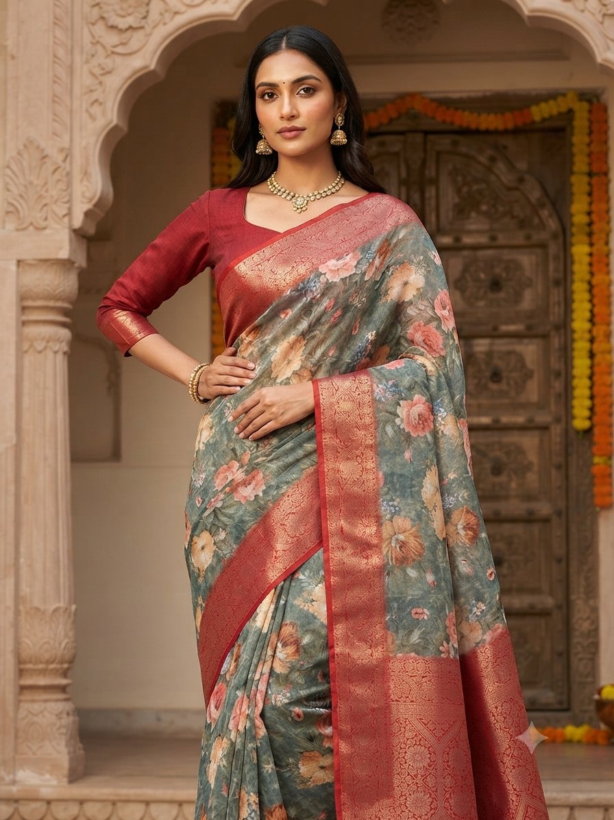 Elegant sage green Dola silk printed saree