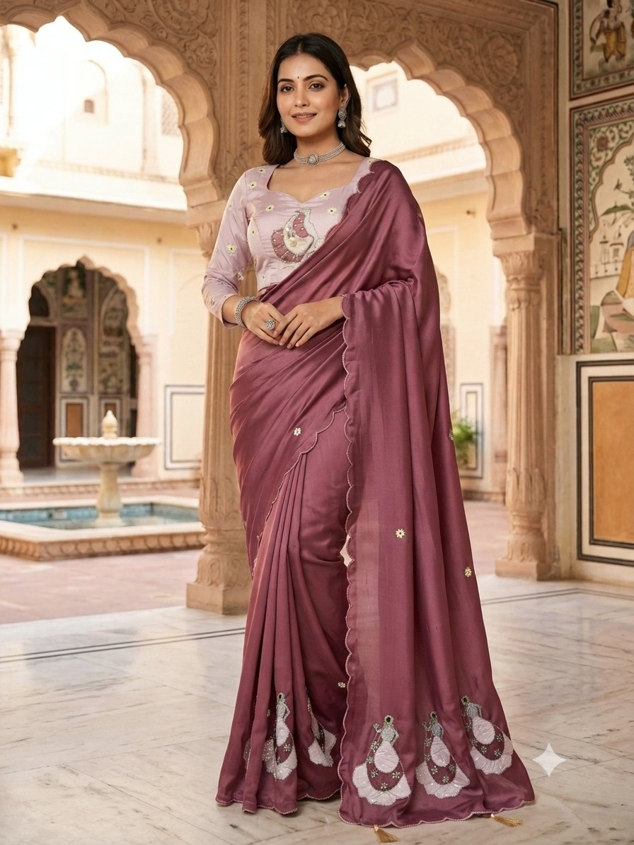 Wine Rose Peacock Embroidery Boutique Saree