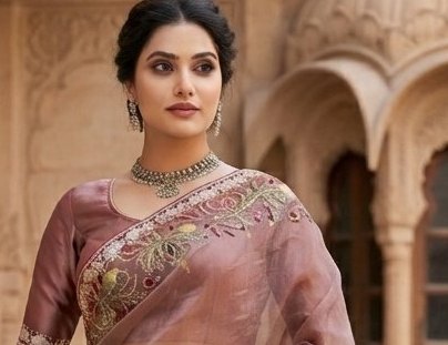 Dusty Mauve Floral Embroidered Organza Saree detail 4