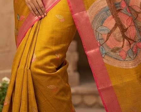 Mustard yellow Dola silk printed saree detail 7