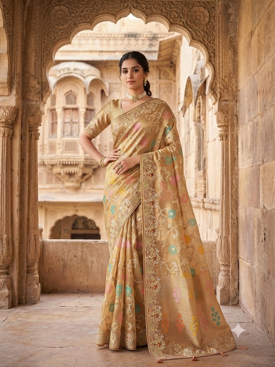 Royal Golden Tissue Handwork Saree