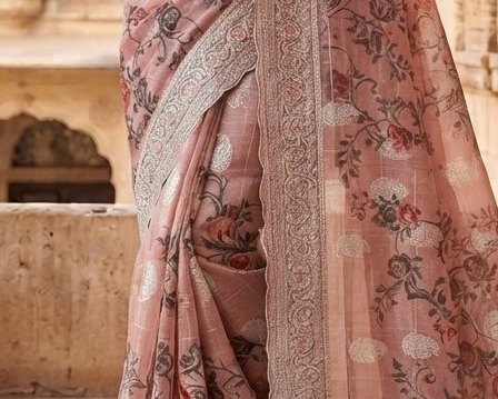 Rose Pink Floral Tissue Handwork Saree detail 6