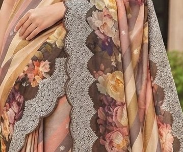 Multi-color Striped & Floral dola silk printed saree detail 2