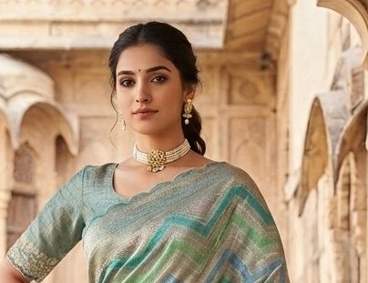Pastel Chevron Tissue Handwork Saree detail 4