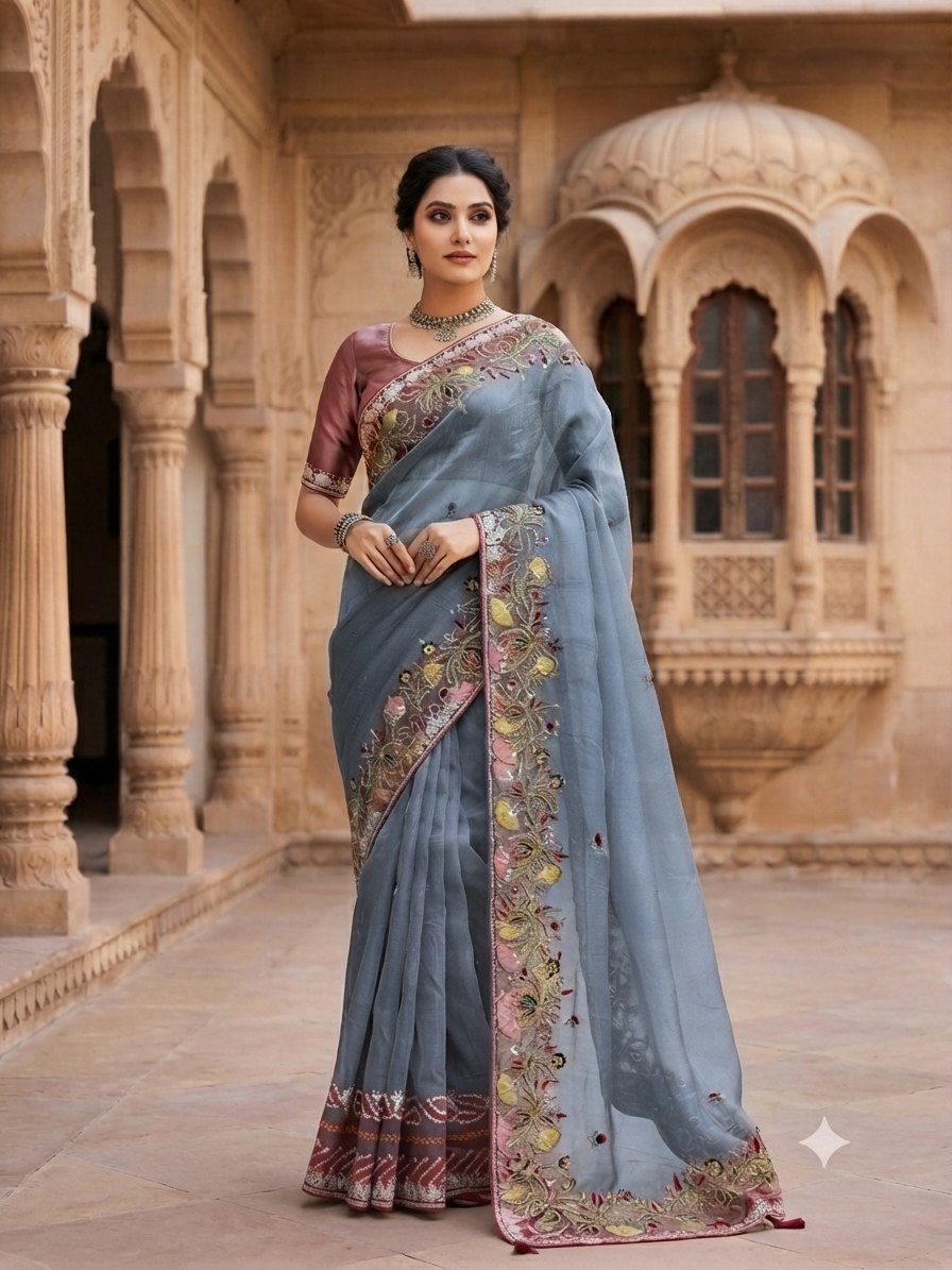Slate Grey Floral Embroidered Organza Saree