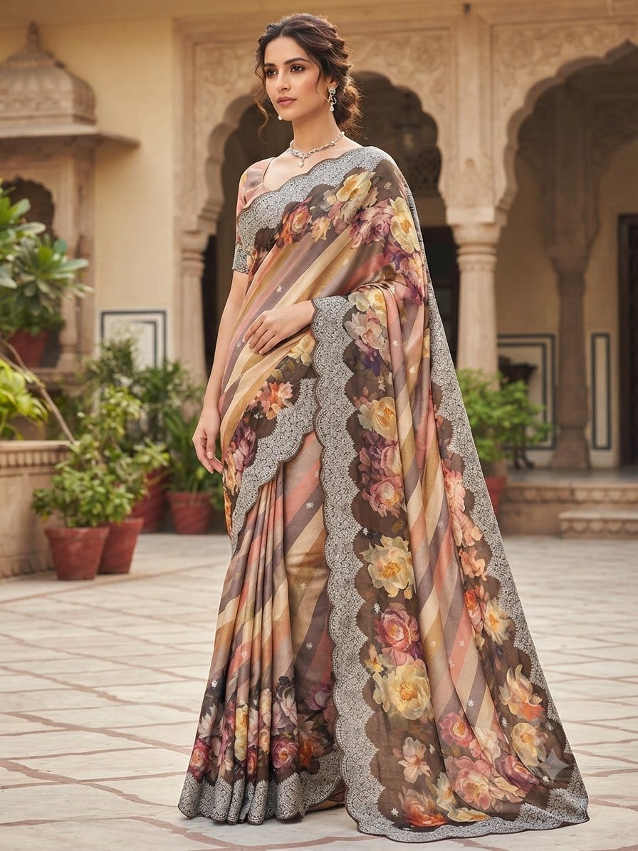 Multi-color Striped & Floral dola silk printed saree