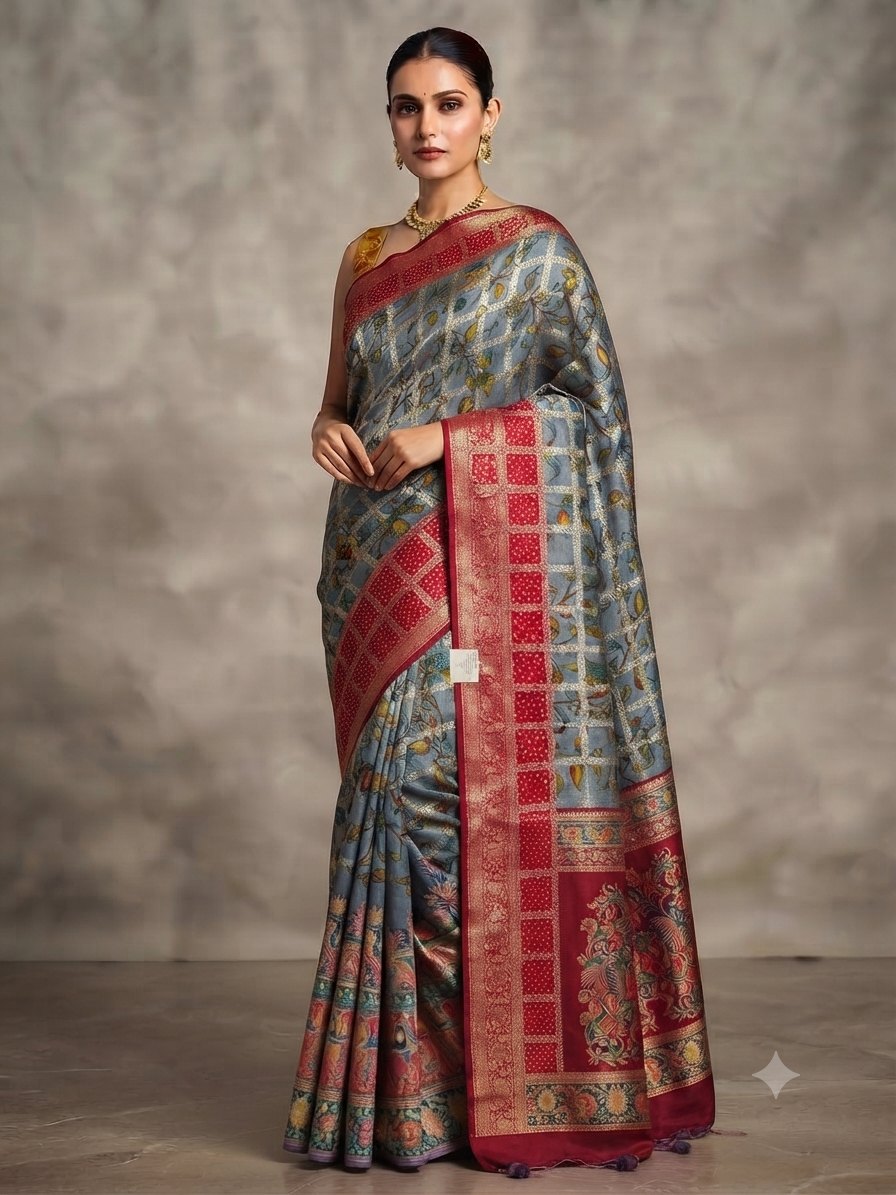 Red and Grey Pure Georgette Banarasi Saree