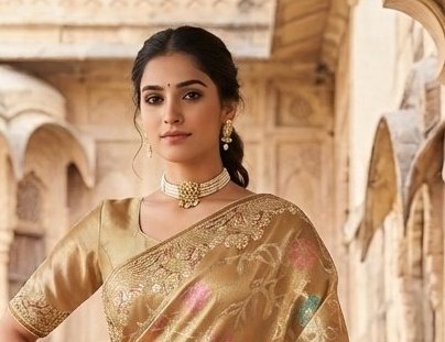 Royal Golden Tissue Handwork Saree detail 4