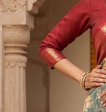 Elegant sage green Dola silk printed saree detail 5