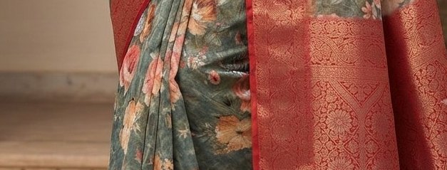 Elegant sage green Dola silk printed saree detail 3
