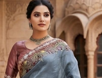 Slate Grey Floral Embroidered Organza Saree detail 4
