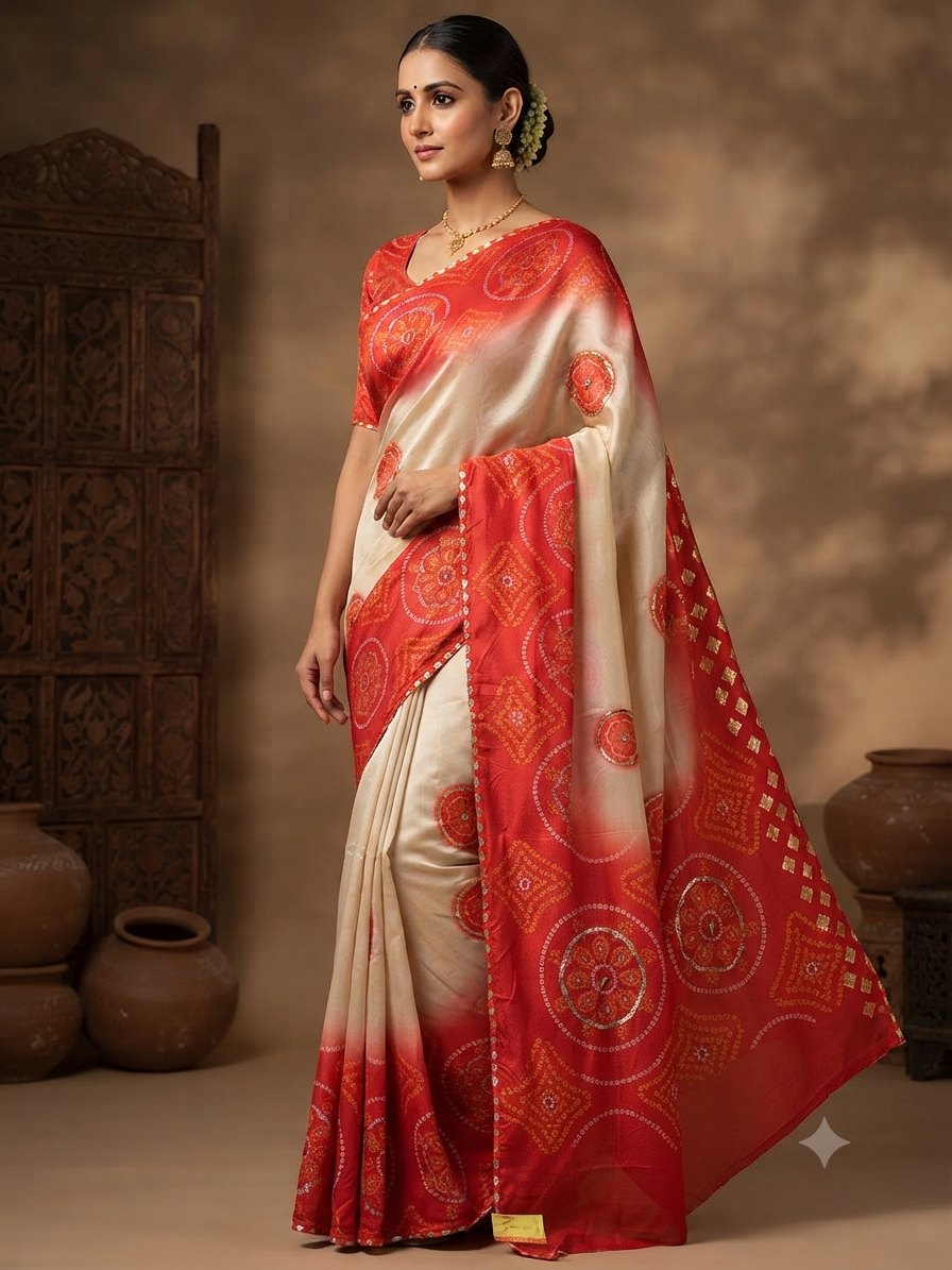 Cream Red Ombre Saree