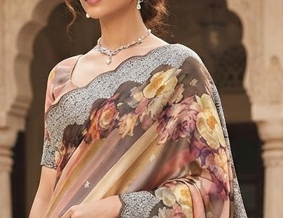 Multi-color Striped & Floral dola silk printed saree detail 4