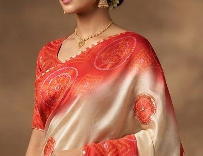 Cream Red Ombre Saree detail 4