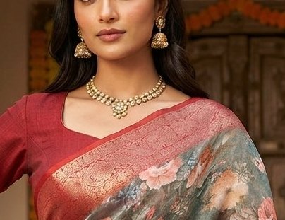 Elegant sage green Dola silk printed saree detail 4