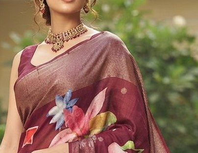 Deep maroon or wine-colored Dola silk printed saree detail 4