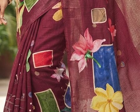 Deep maroon or wine-colored Dola silk printed saree detail 6