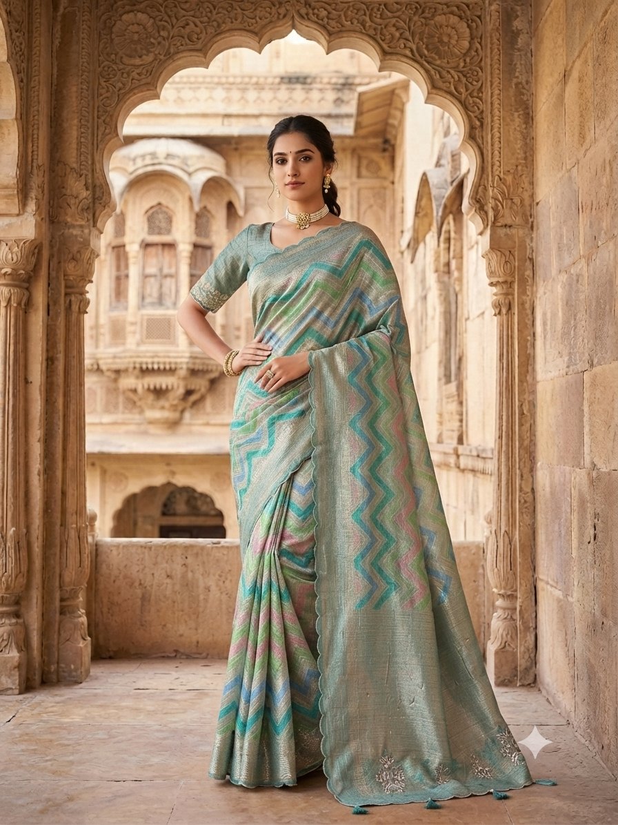 Pastel Chevron Tissue Handwork Saree