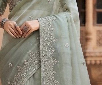 Pista Green Zari Embroidered Organza Saree detail 2