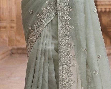 Pista Green Zari Embroidered Organza Saree detail 6