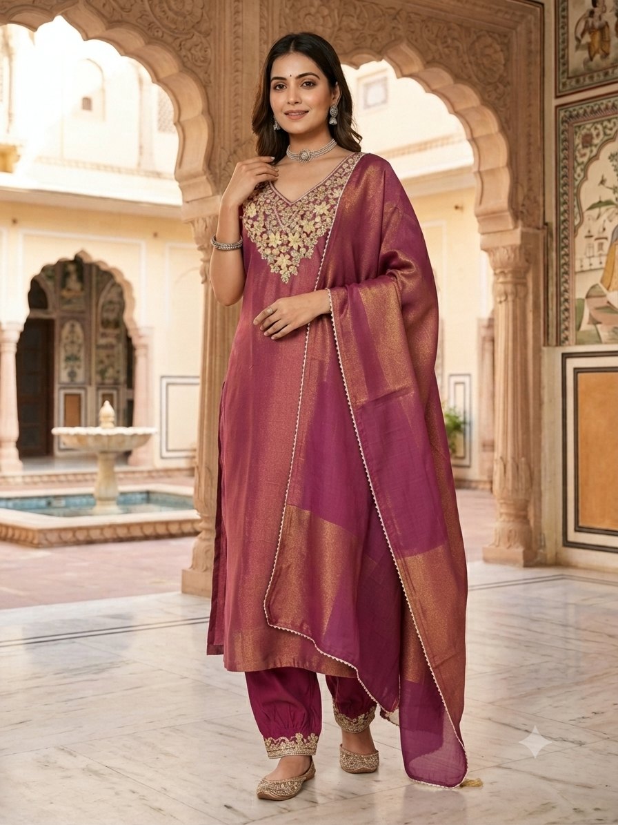 Rich Magenta Zari Embroidered Suit Set