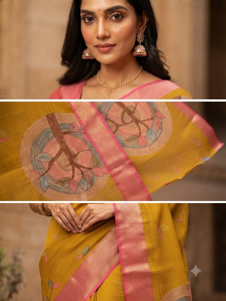 Mustard yellow Dola silk printed saree detail 2