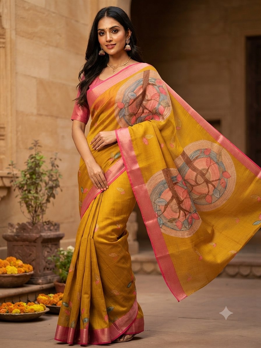 Mustard yellow Dola silk printed saree