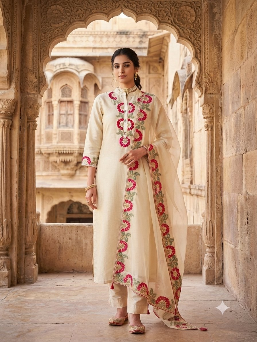 Elegant Off-White Gota-Patti Embroidered Suit Set