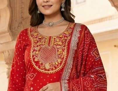 Traditional Red Gaji Silk Ghatchola Suit Set detail 4